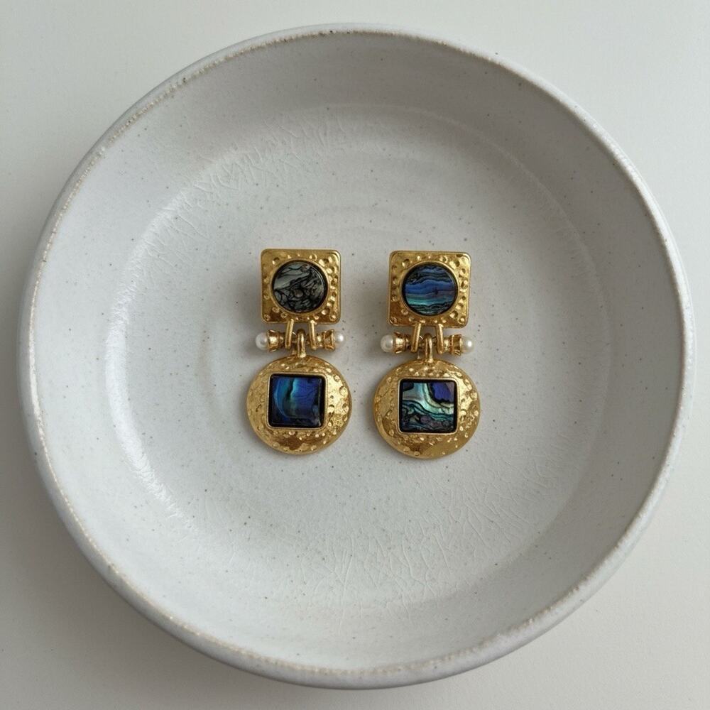 Retro Earrings Pearl Abalone Shell Art Museum 925 Silver Gold 18k
